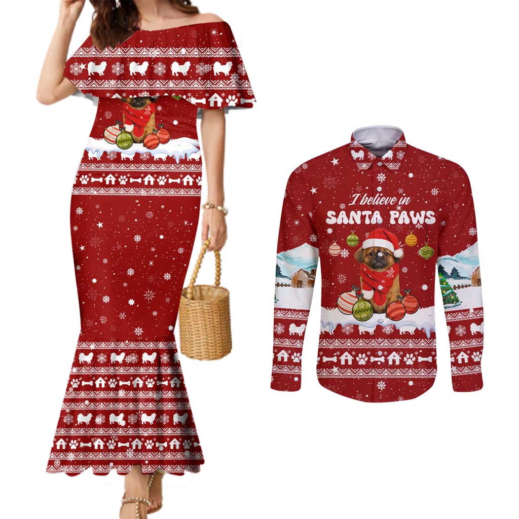 Pekingese Dog I Believe In Santa Paws Christmas Couples Matching Mermaid Dress and Long Sleeve Button Shirt Xmas Holiday Patterns - Wonder Print Shop