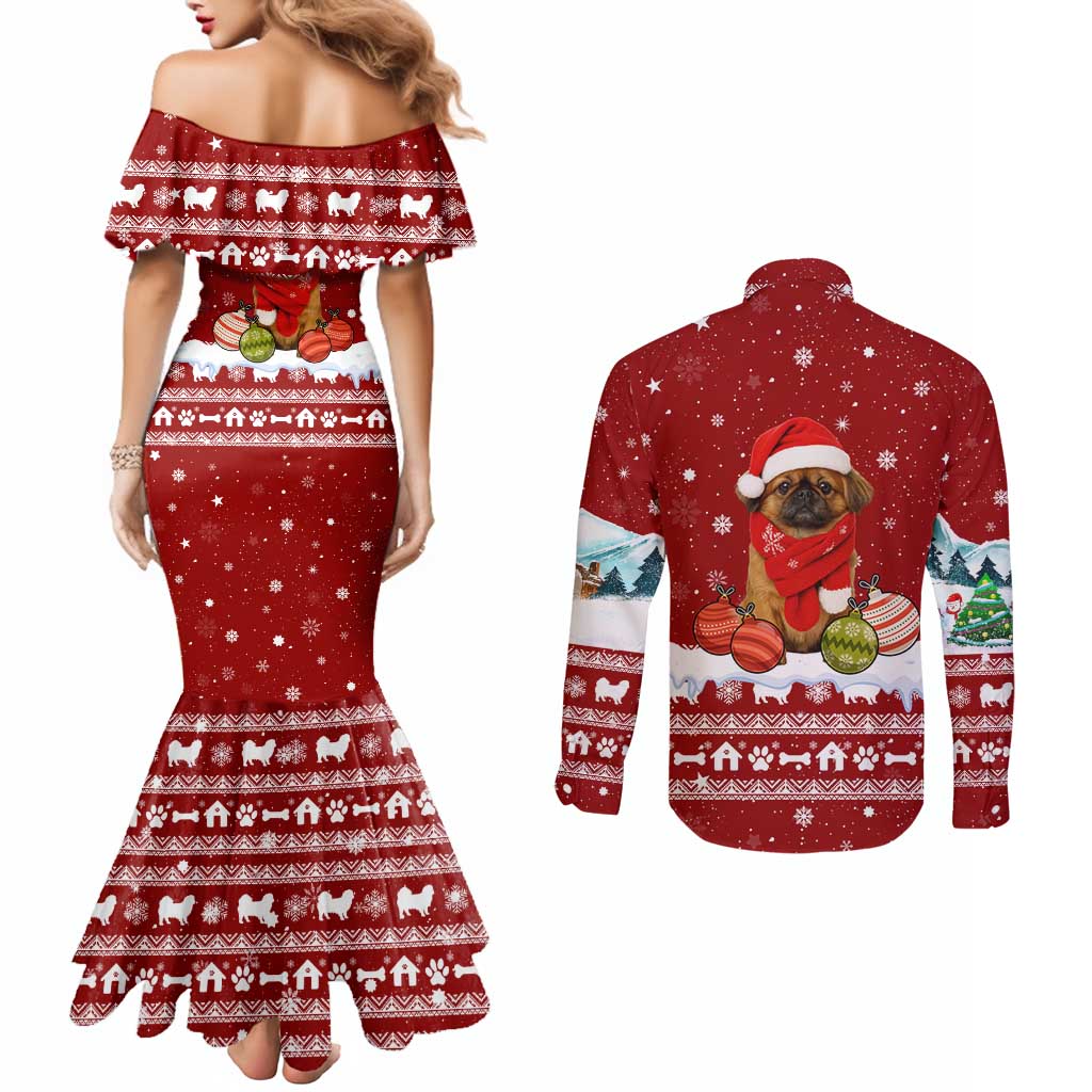 Pekingese Dog I Believe In Santa Paws Christmas Couples Matching Mermaid Dress and Long Sleeve Button Shirt Xmas Holiday Patterns - Wonder Print Shop