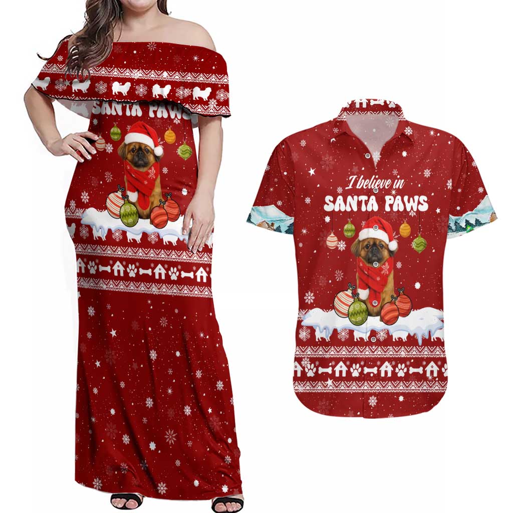 Pekingese Dog I Believe In Santa Paws Christmas Couples Matching Off Shoulder Maxi Dress and Hawaiian Shirt Xmas Holiday Patterns - Wonder Print Shop