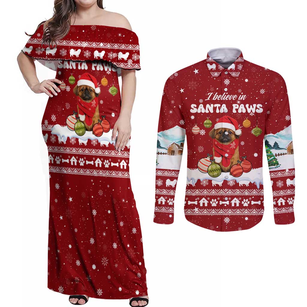 Pekingese Dog I Believe In Santa Paws Christmas Couples Matching Off Shoulder Maxi Dress and Long Sleeve Button Shirt Xmas Holiday Patterns - Wonder Print Shop