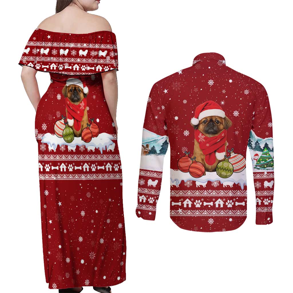 Pekingese Dog I Believe In Santa Paws Christmas Couples Matching Off Shoulder Maxi Dress and Long Sleeve Button Shirt Xmas Holiday Patterns - Wonder Print Shop