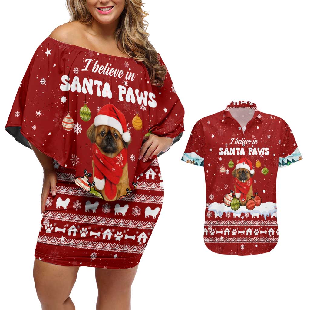 Pekingese Dog I Believe In Santa Paws Christmas Couples Matching Off Shoulder Short Dress and Hawaiian Shirt Xmas Holiday Patterns - Wonder Print Shop
