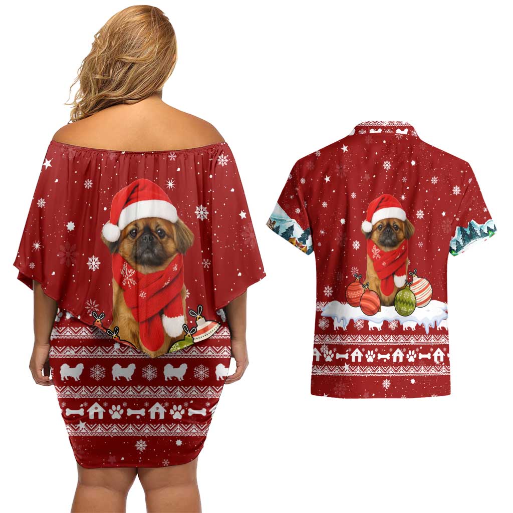 Pekingese Dog I Believe In Santa Paws Christmas Couples Matching Off Shoulder Short Dress and Hawaiian Shirt Xmas Holiday Patterns - Wonder Print Shop