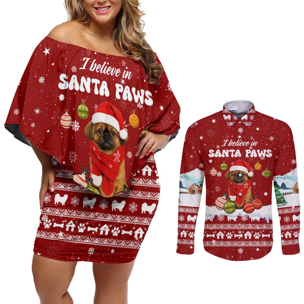 Pekingese Dog I Believe In Santa Paws Christmas Couples Matching Off Shoulder Short Dress and Long Sleeve Button Shirt Xmas Holiday Patterns - Wonder Print Shop