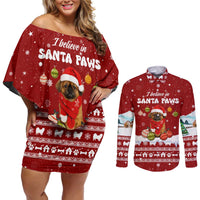 Pekingese Dog I Believe In Santa Paws Christmas Couples Matching Off Shoulder Short Dress and Long Sleeve Button Shirt Xmas Holiday Patterns - Wonder Print Shop