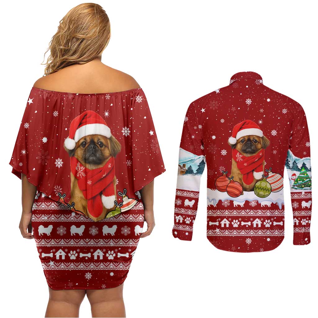 Pekingese Dog I Believe In Santa Paws Christmas Couples Matching Off Shoulder Short Dress and Long Sleeve Button Shirt Xmas Holiday Patterns - Wonder Print Shop