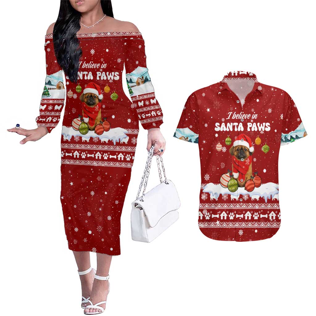 Pekingese Dog I Believe In Santa Paws Christmas Couples Matching Off The Shoulder Long Sleeve Dress and Hawaiian Shirt Xmas Holiday Patterns - Wonder Print Shop