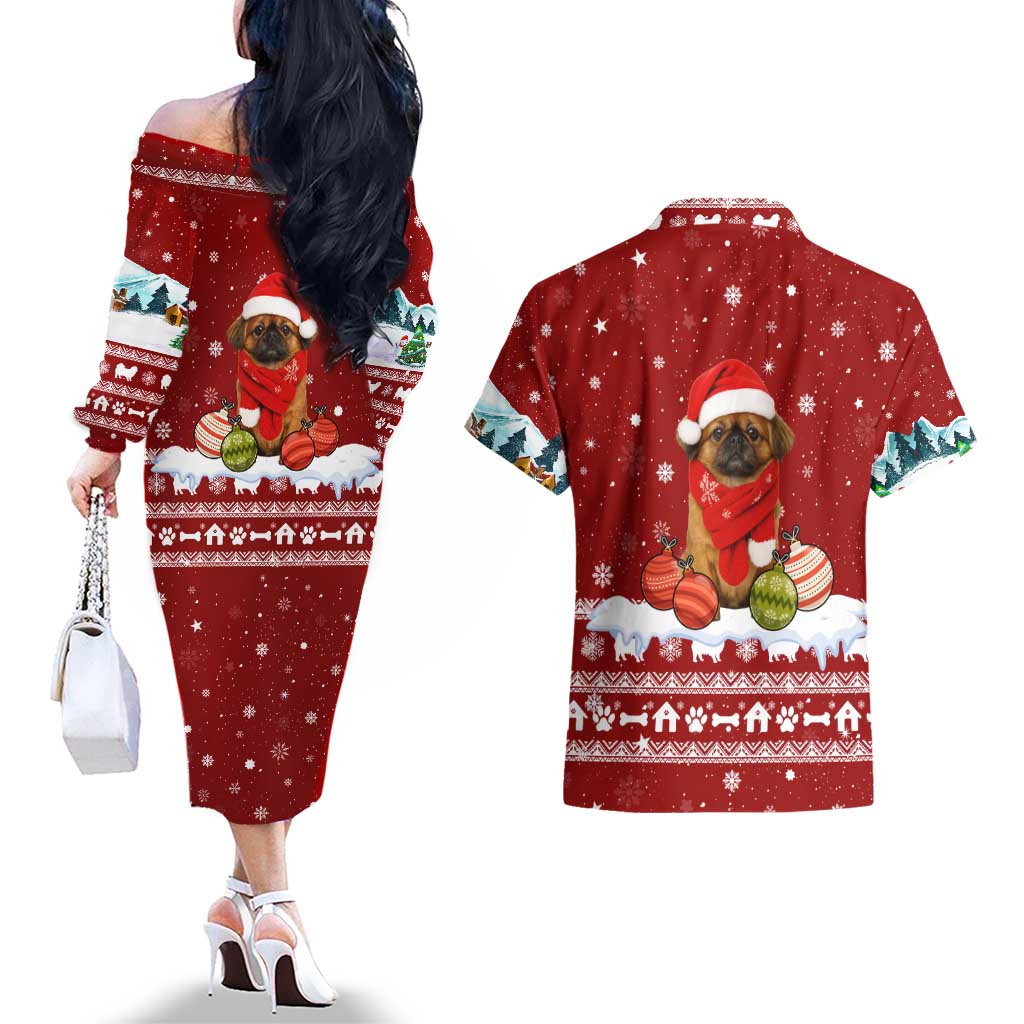 Pekingese Dog I Believe In Santa Paws Christmas Couples Matching Off The Shoulder Long Sleeve Dress and Hawaiian Shirt Xmas Holiday Patterns - Wonder Print Shop