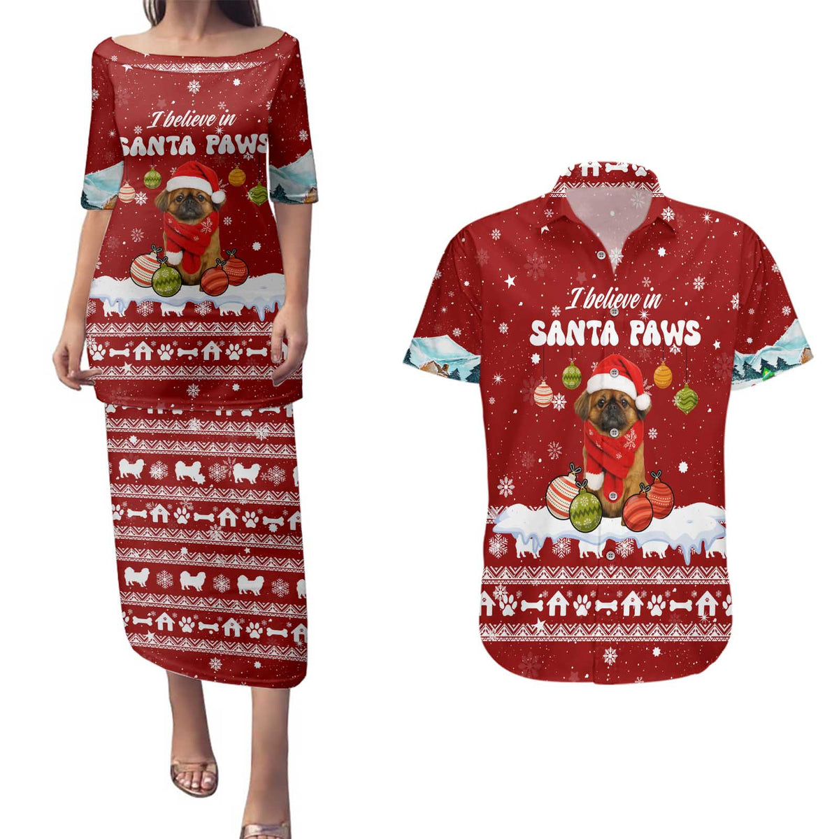 Pekingese Dog I Believe In Santa Paws Christmas Couples Matching Puletasi and Hawaiian Shirt Xmas Holiday Patterns - Wonder Print Shop