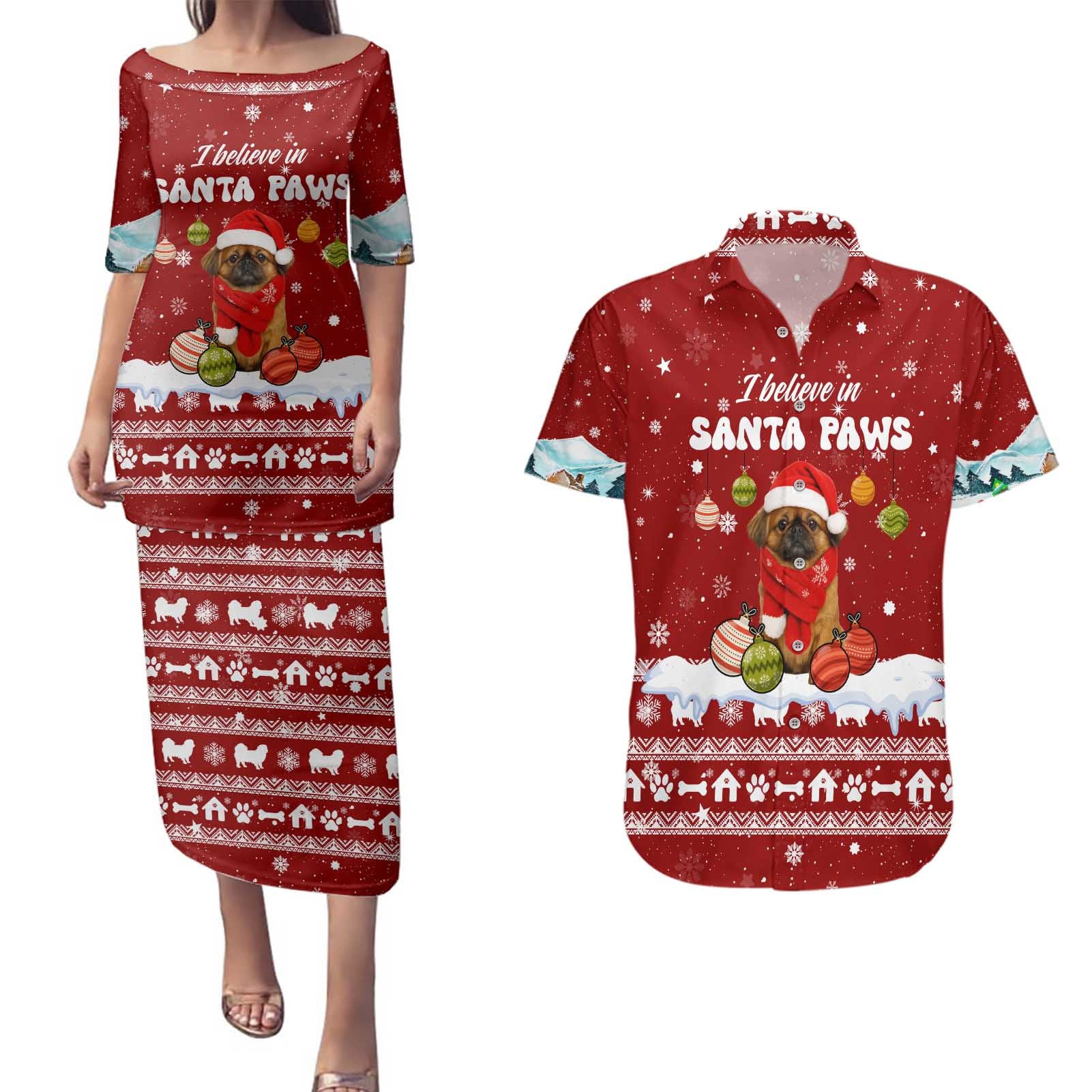 Pekingese Dog I Believe In Santa Paws Christmas Couples Matching Puletasi and Hawaiian Shirt Xmas Holiday Patterns - Wonder Print Shop