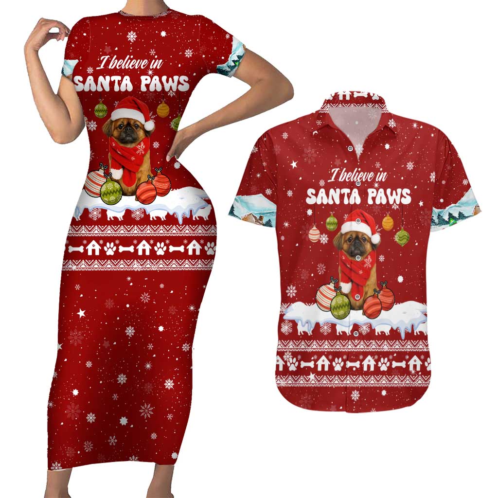 Pekingese Dog I Believe In Santa Paws Christmas Couples Matching Short Sleeve Bodycon Dress and Hawaiian Shirt Xmas Holiday Patterns - Wonder Print Shop