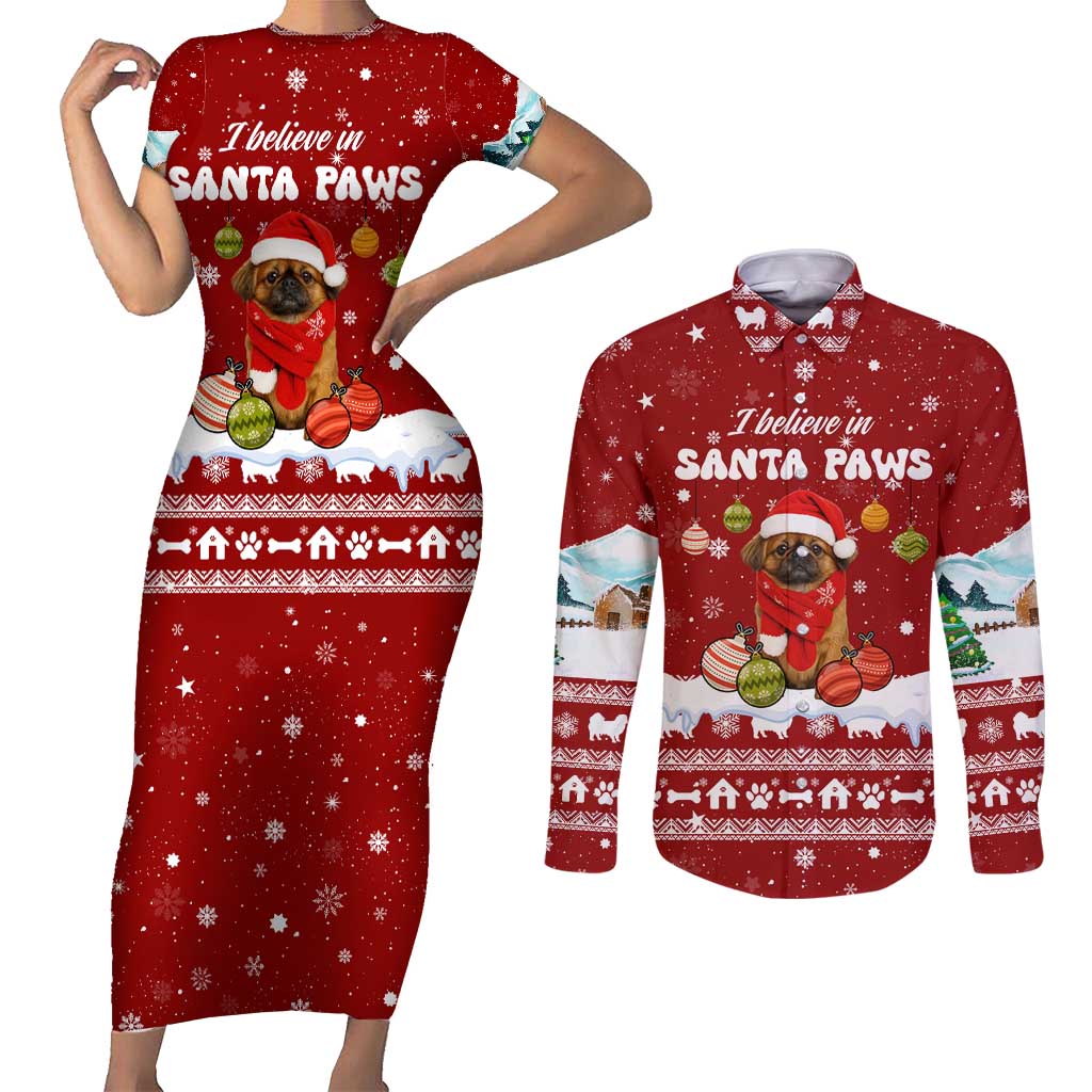 Pekingese Dog I Believe In Santa Paws Christmas Couples Matching Short Sleeve Bodycon Dress and Long Sleeve Button Shirt Xmas Holiday Patterns - Wonder Print Shop