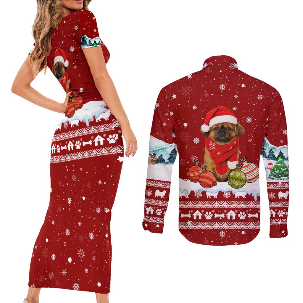 Pekingese Dog I Believe In Santa Paws Christmas Couples Matching Short Sleeve Bodycon Dress and Long Sleeve Button Shirt Xmas Holiday Patterns - Wonder Print Shop