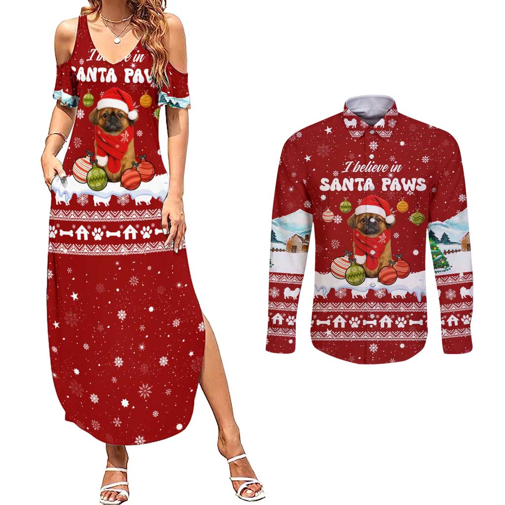 Pekingese Dog I Believe In Santa Paws Christmas Couples Matching Summer Maxi Dress and Long Sleeve Button Shirt Xmas Holiday Patterns - Wonder Print Shop
