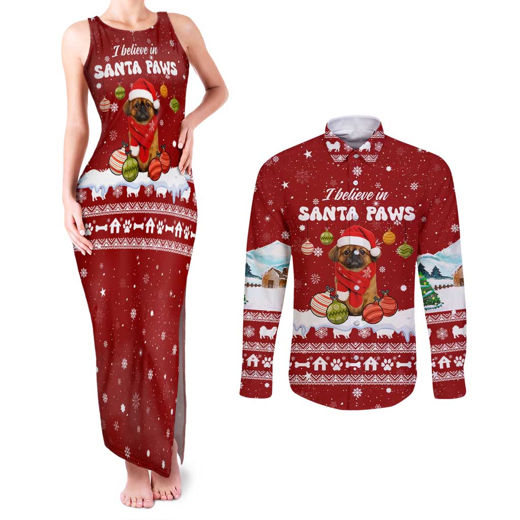Pekingese Dog I Believe In Santa Paws Christmas Couples Matching Tank Maxi Dress and Long Sleeve Button Shirt Xmas Holiday Patterns - Wonder Print Shop