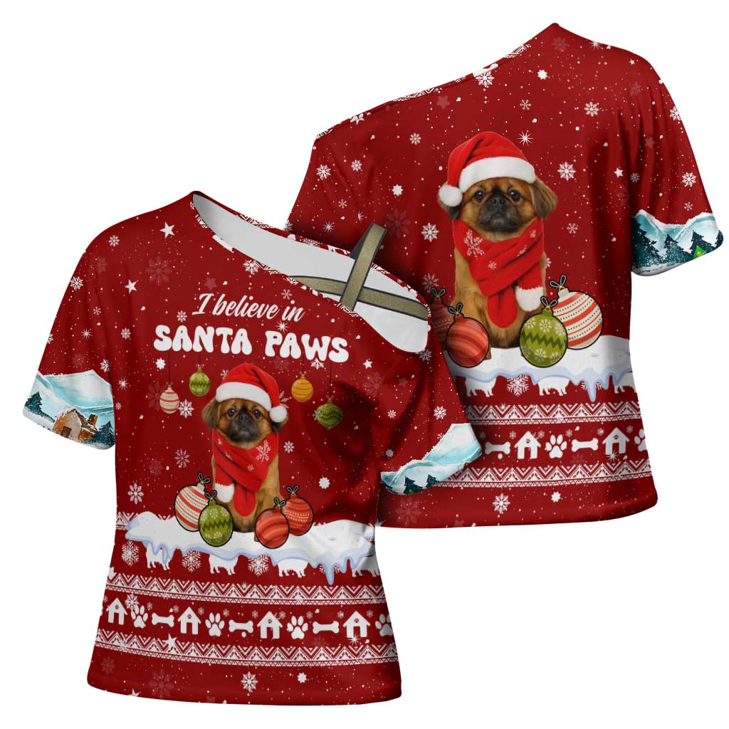 Pekingese Dog I Believe In Santa Paws Christmas Cross Shoulder Shirt Xmas Holiday Patterns - Wonder Print Shop