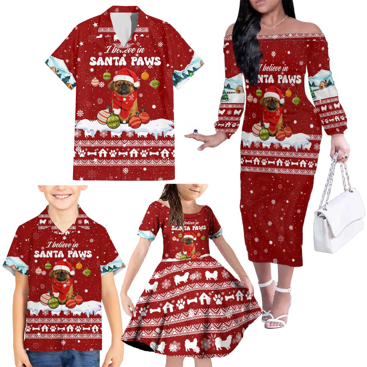 Pekingese Dog I Believe In Santa Paws Christmas Family Matching Off The Shoulder Long Sleeve Dress and Hawaiian Shirt Xmas Holiday Patterns - Wonder Print Shop