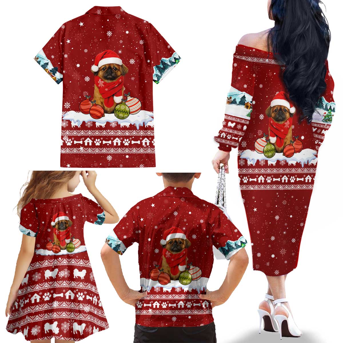 Pekingese Dog I Believe In Santa Paws Christmas Family Matching Off The Shoulder Long Sleeve Dress and Hawaiian Shirt Xmas Holiday Patterns - Wonder Print Shop