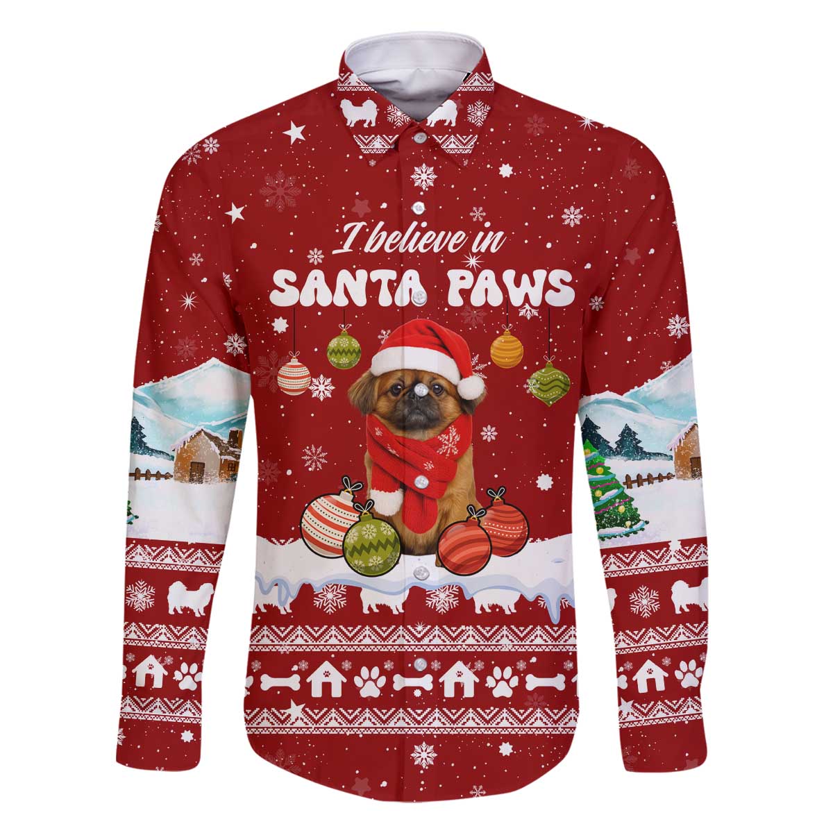 Pekingese Dog I Believe In Santa Paws Christmas Family Matching Off The Shoulder Long Sleeve Dress and Hawaiian Shirt Xmas Holiday Patterns - Wonder Print Shop