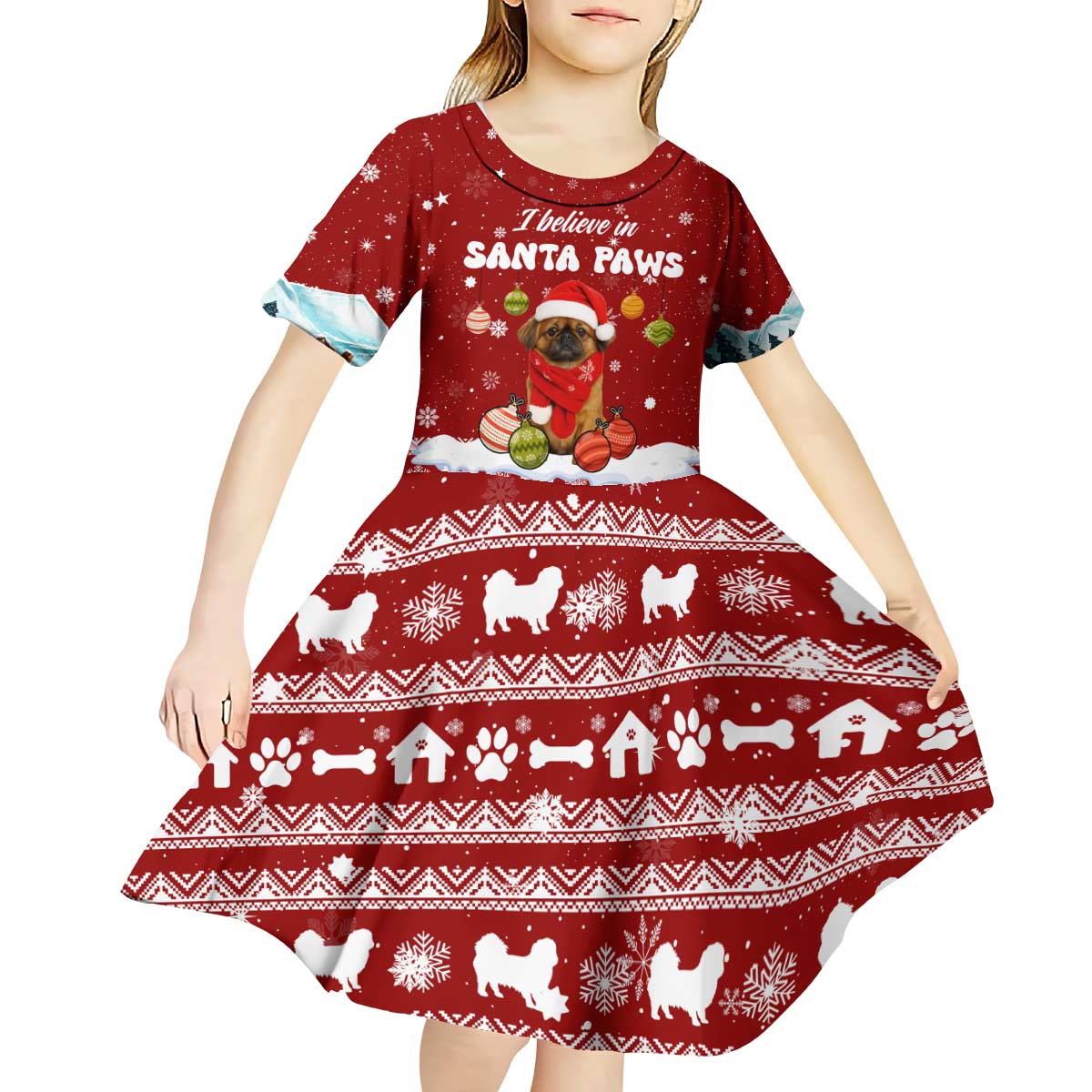 Pekingese Dog I Believe In Santa Paws Christmas Kid Short Sleeve Dress Xmas Holiday Patterns - Wonder Print Shop