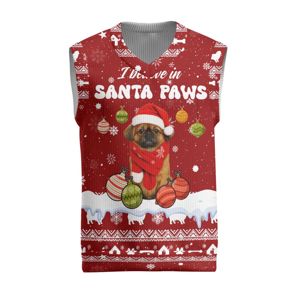 Pekingese Dog I Believe In Santa Paws Christmas Knitted V-Neck Vest Xmas Holiday Patterns - Wonder Print Shop