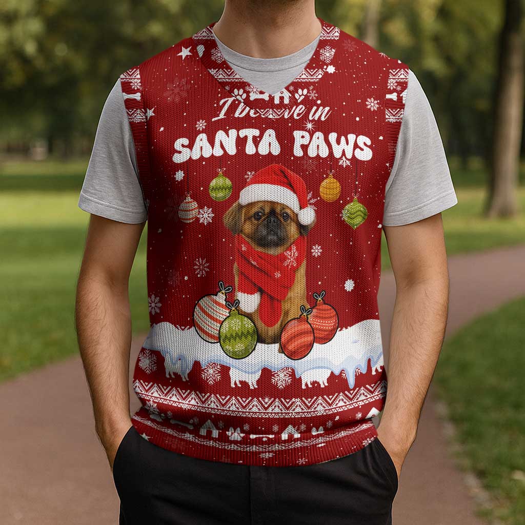 Pekingese Dog I Believe In Santa Paws Christmas Knitted V-Neck Vest Xmas Holiday Patterns - Wonder Print Shop