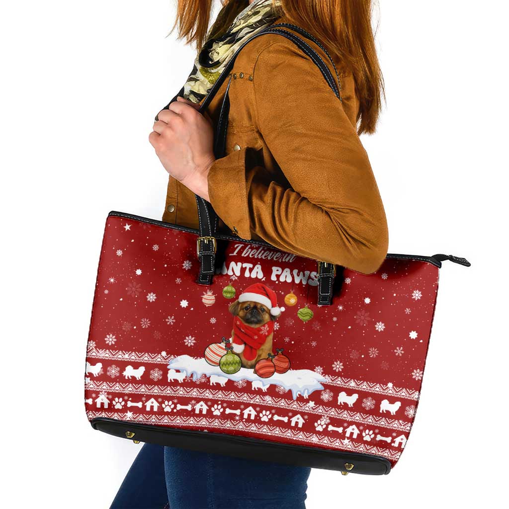 Pekingese Dog I Believe In Santa Paws Christmas Leather Tote Bag Xmas Holiday Patterns - Wonder Print Shop