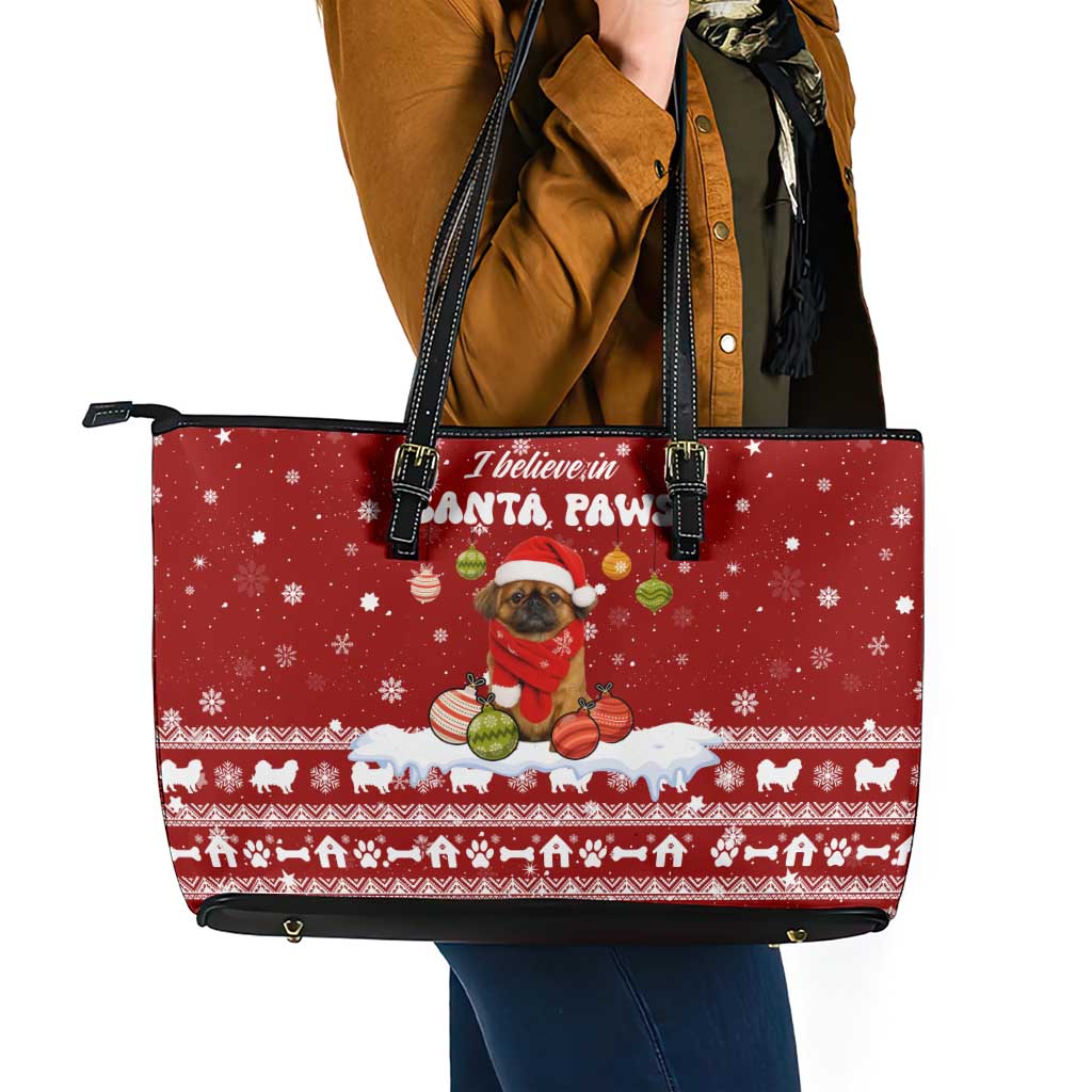 Pekingese Dog I Believe In Santa Paws Christmas Leather Tote Bag Xmas Holiday Patterns - Wonder Print Shop