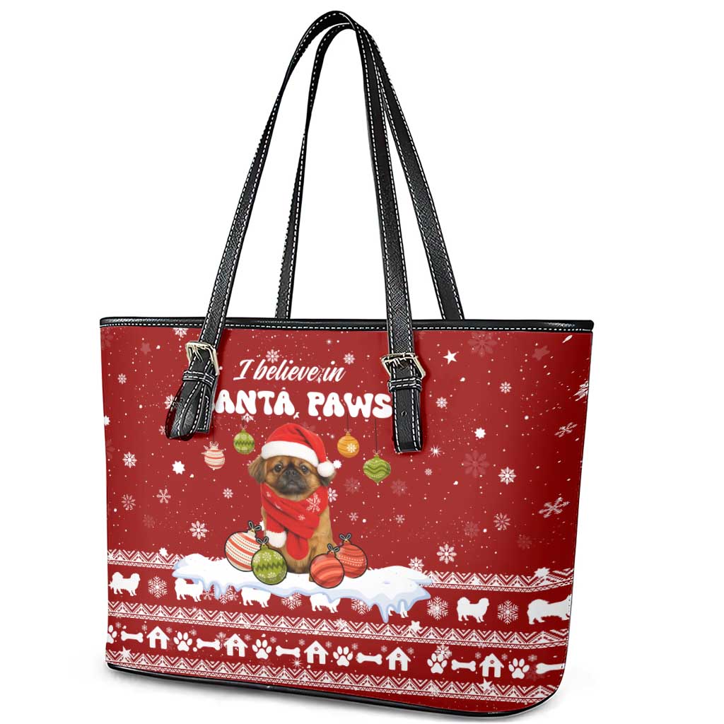 Pekingese Dog I Believe In Santa Paws Christmas Leather Tote Bag Xmas Holiday Patterns - Wonder Print Shop