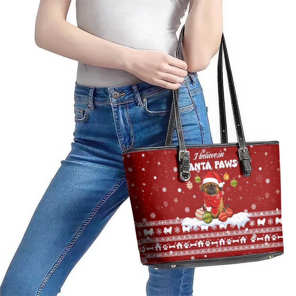 Pekingese Dog I Believe In Santa Paws Christmas Leather Tote Bag Xmas Holiday Patterns - Wonder Print Shop