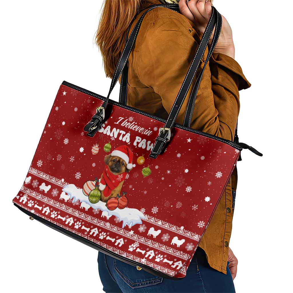Pekingese Dog I Believe In Santa Paws Christmas Leather Tote Bag Xmas Holiday Patterns - Wonder Print Shop