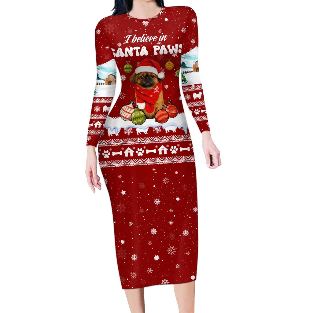 Pekingese Dog I Believe In Santa Paws Christmas Long Sleeve Bodycon Dress Xmas Holiday Patterns - Wonder Print Shop