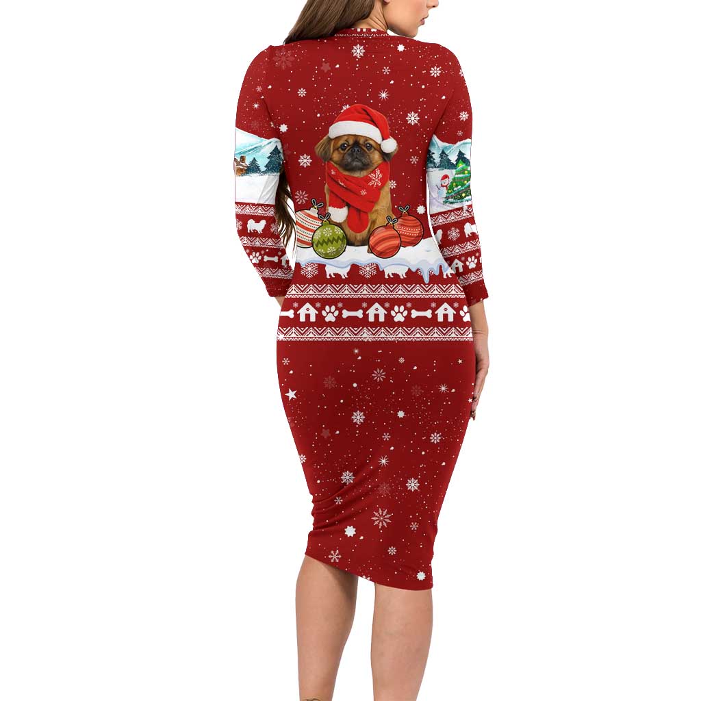 Pekingese Dog I Believe In Santa Paws Christmas Long Sleeve Bodycon Dress Xmas Holiday Patterns - Wonder Print Shop