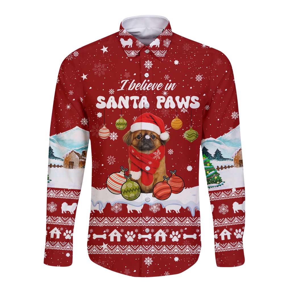Pekingese Dog I Believe In Santa Paws Christmas Long Sleeve Button Shirt Xmas Holiday Patterns - Wonder Print Shop