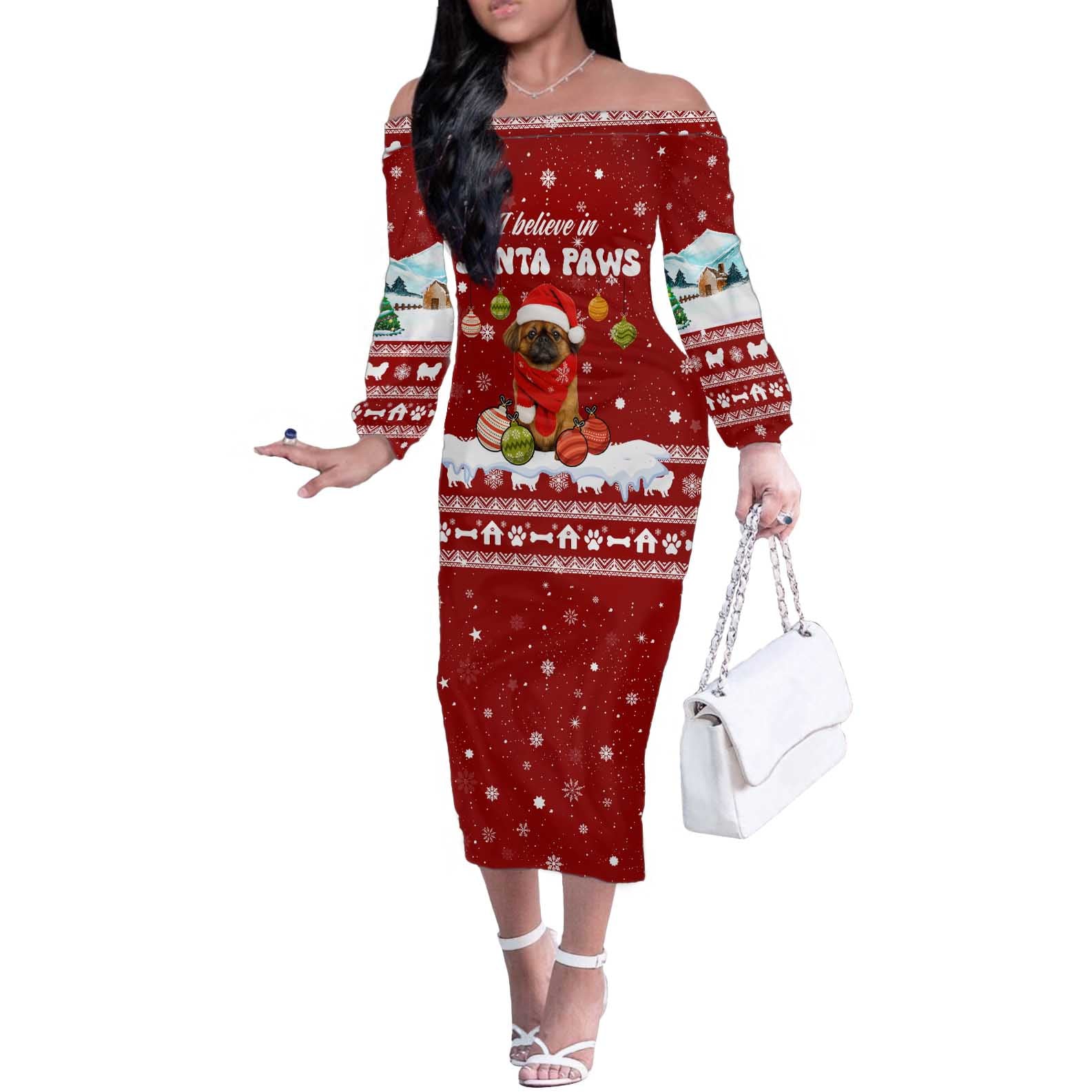 Pekingese Dog I Believe In Santa Paws Christmas Off The Shoulder Long Sleeve Dress Xmas Holiday Patterns - Wonder Print Shop