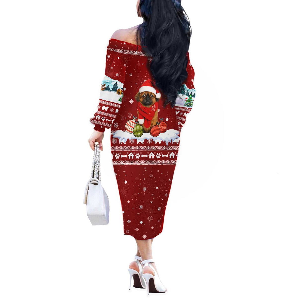 Pekingese Dog I Believe In Santa Paws Christmas Off The Shoulder Long Sleeve Dress Xmas Holiday Patterns - Wonder Print Shop