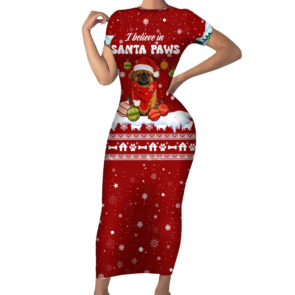 Pekingese Dog I Believe In Santa Paws Christmas Short Sleeve Bodycon Dress Xmas Holiday Patterns - Wonder Print Shop