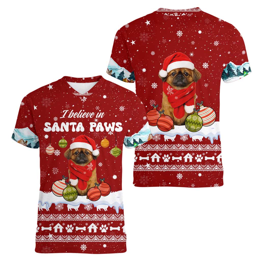 Pekingese Dog I Believe In Santa Paws Christmas Women V-Neck T-Shirt Xmas Holiday Patterns - Wonder Print Shop