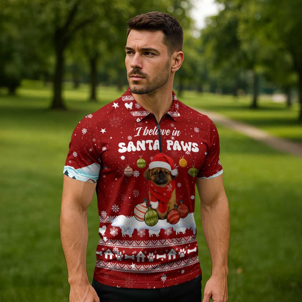 Pekingese Dog I Believe In Santa Paws Christmas Zipper Polo Shirt Xmas Holiday Patterns - Wonder Print Shop