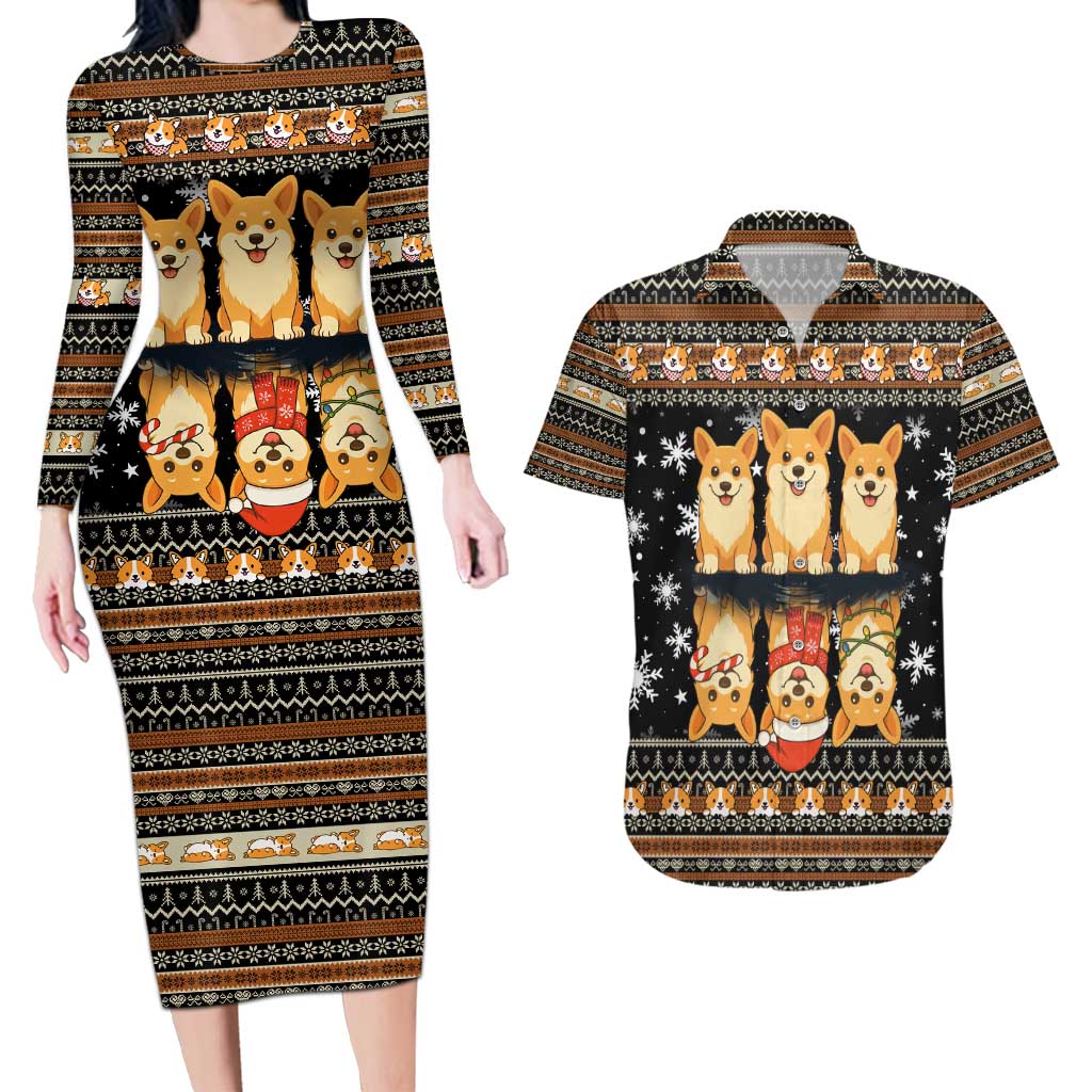 Pembroke Welsh Corgi Dog Christmas Couples Matching Long Sleeve Bodycon Dress and Hawaiian Shirt Xmas Holiday Patterns - Wonder Print Shop