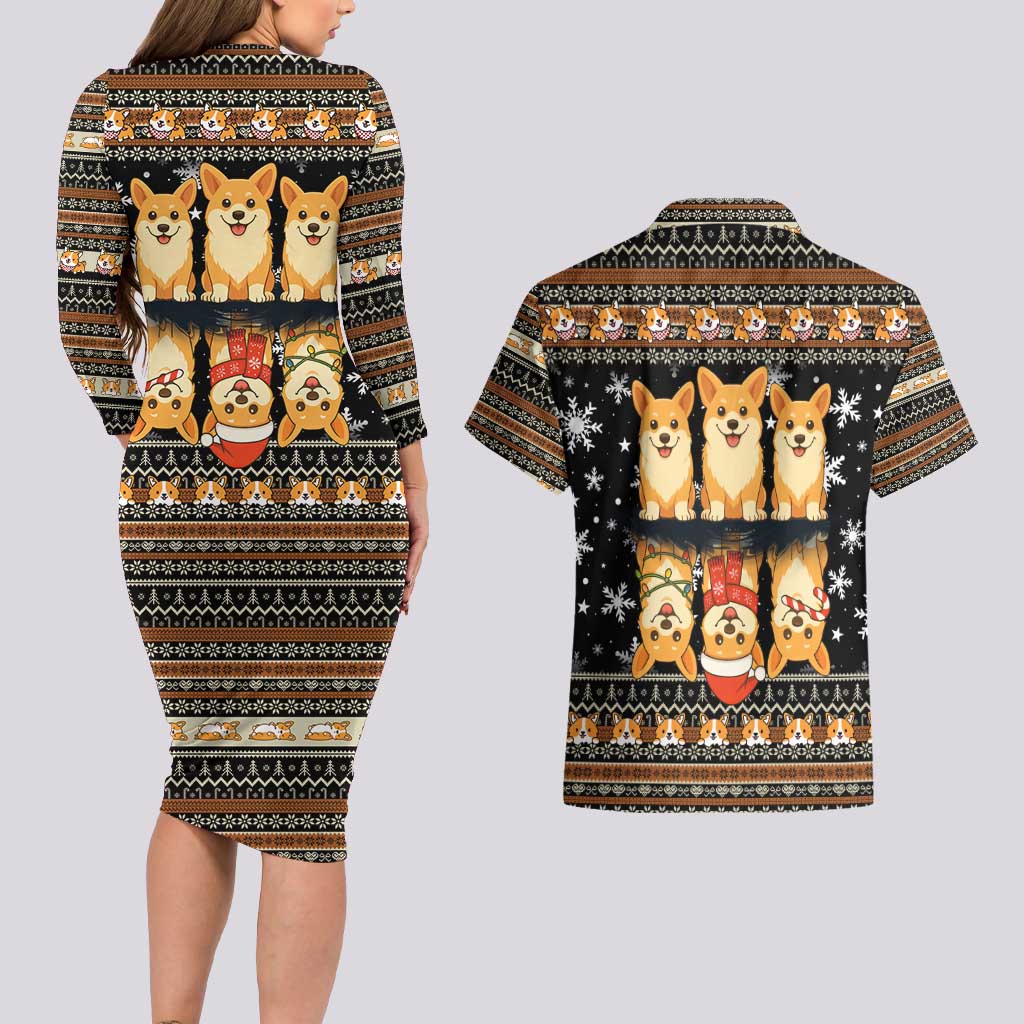 Pembroke Welsh Corgi Dog Christmas Couples Matching Long Sleeve Bodycon Dress and Hawaiian Shirt Xmas Holiday Patterns - Wonder Print Shop