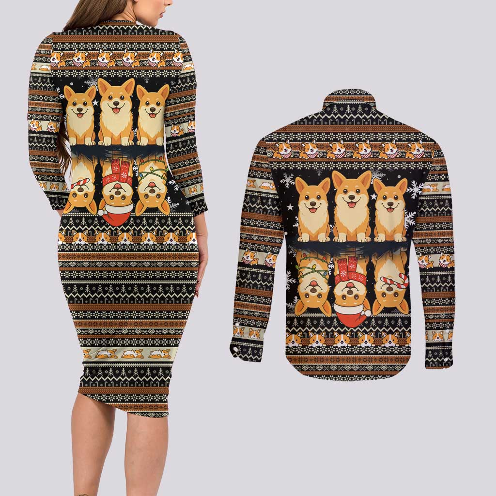 Pembroke Welsh Corgi Dog Christmas Couples Matching Long Sleeve Bodycon Dress and Long Sleeve Button Shirt Xmas Holiday Patterns - Wonder Print Shop