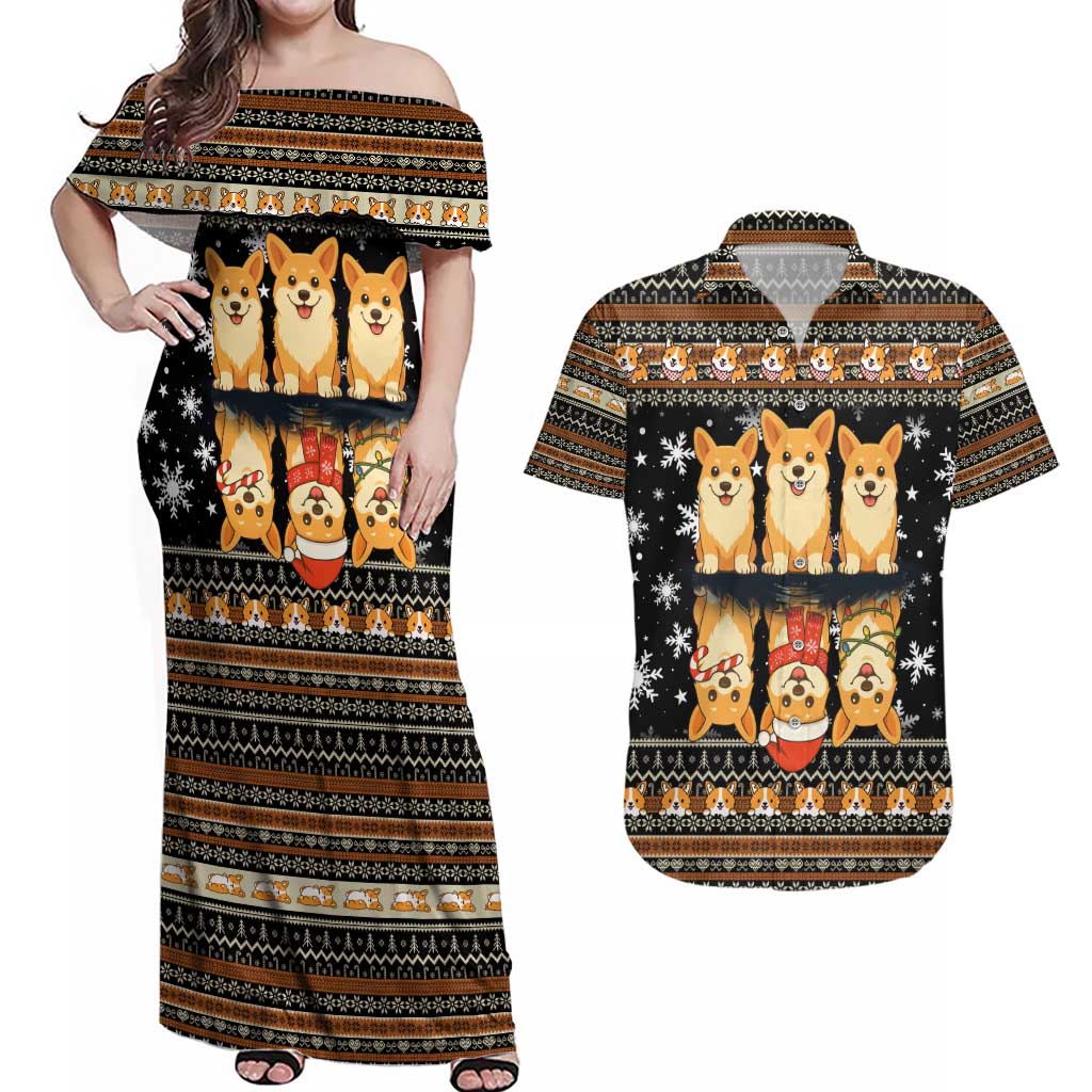 Pembroke Welsh Corgi Dog Christmas Couples Matching Off Shoulder Maxi Dress and Hawaiian Shirt Xmas Holiday Patterns - Wonder Print Shop