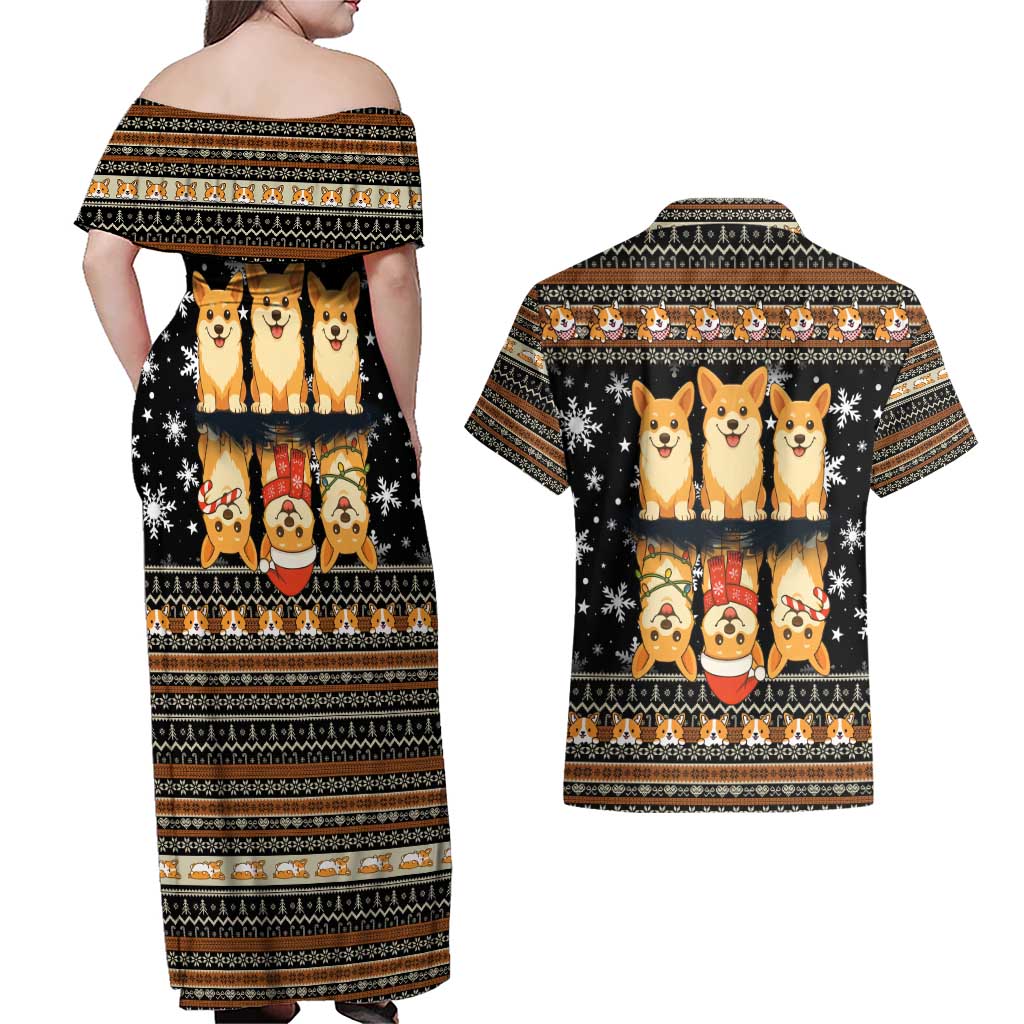 Pembroke Welsh Corgi Dog Christmas Couples Matching Off Shoulder Maxi Dress and Hawaiian Shirt Xmas Holiday Patterns - Wonder Print Shop
