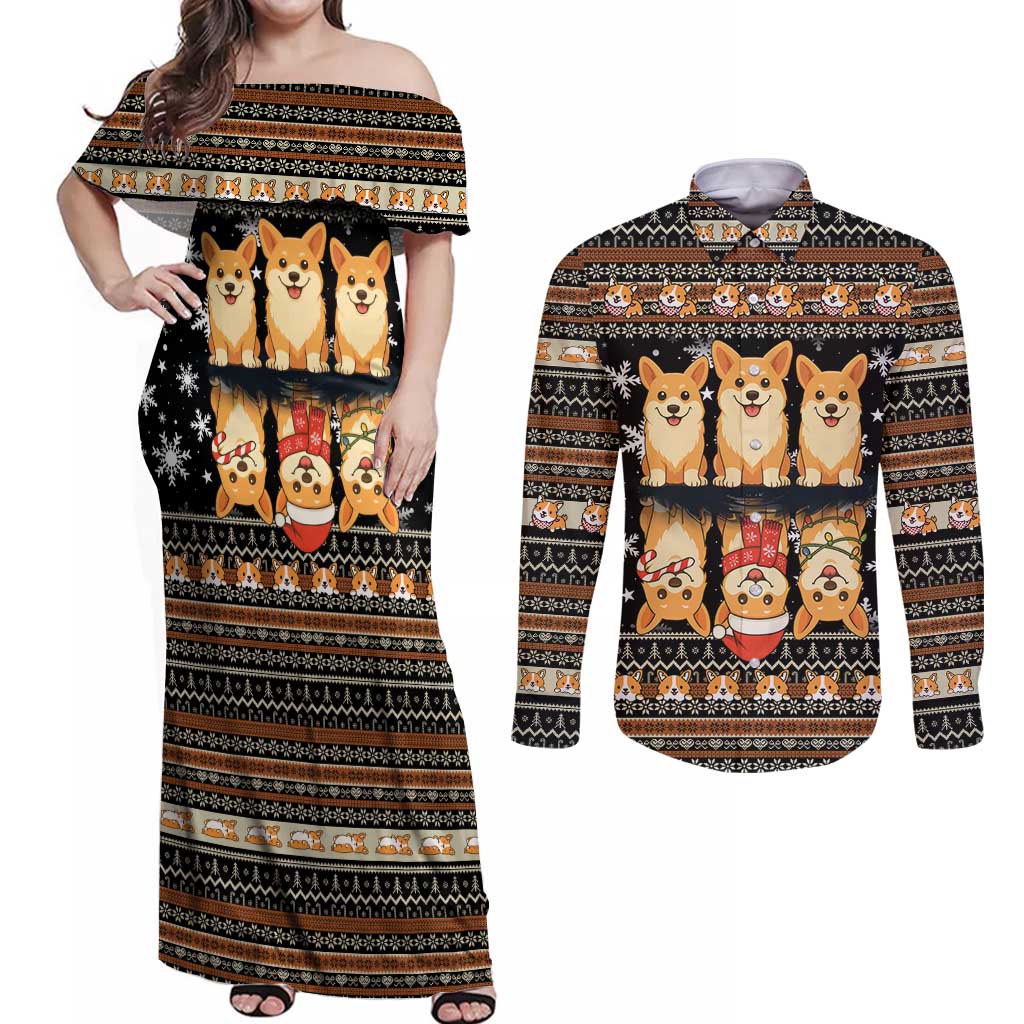 Pembroke Welsh Corgi Dog Christmas Couples Matching Off Shoulder Maxi Dress and Long Sleeve Button Shirt Xmas Holiday Patterns - Wonder Print Shop