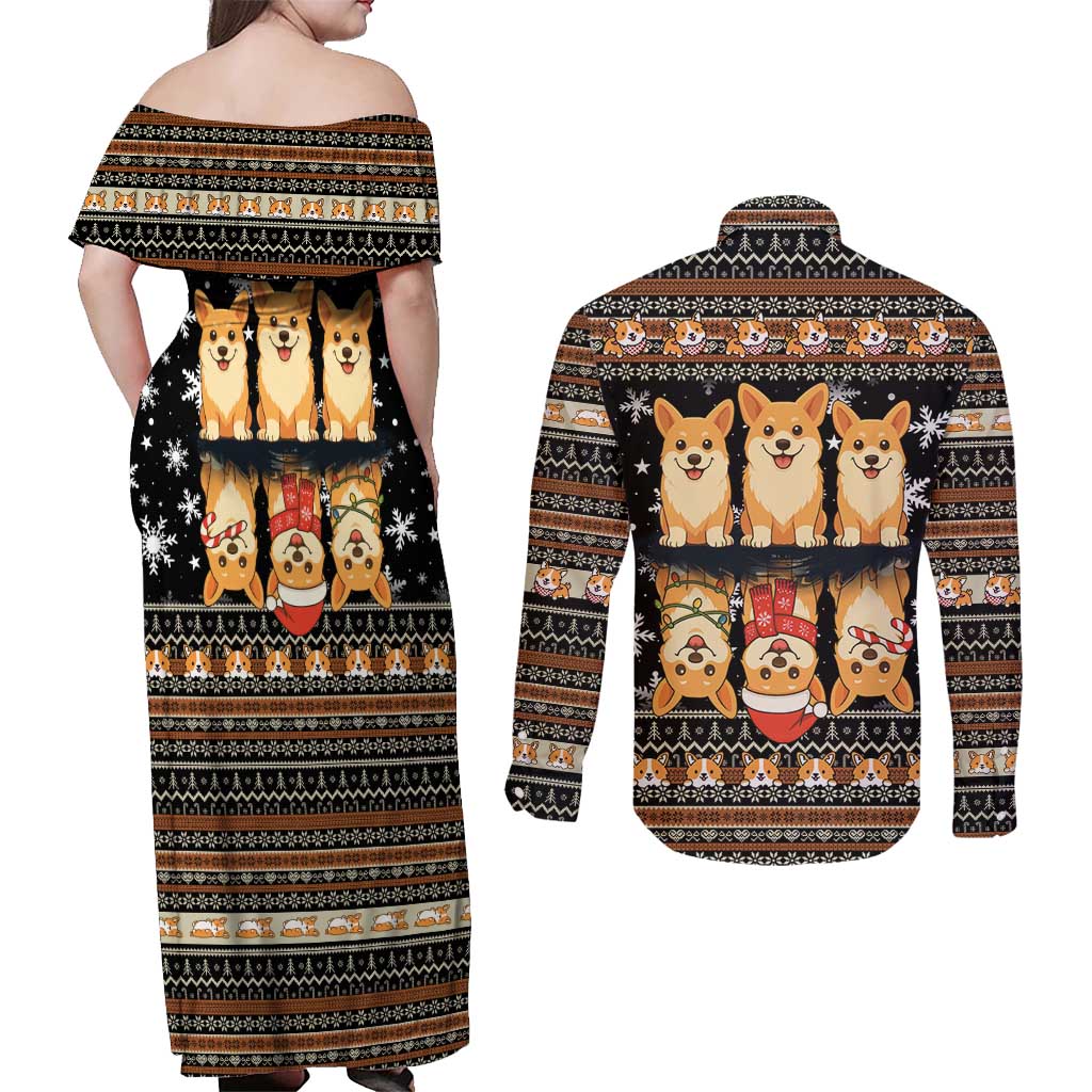 Pembroke Welsh Corgi Dog Christmas Couples Matching Off Shoulder Maxi Dress and Long Sleeve Button Shirt Xmas Holiday Patterns - Wonder Print Shop