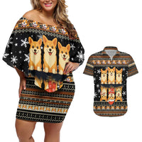 Pembroke Welsh Corgi Dog Christmas Couples Matching Off Shoulder Short Dress and Hawaiian Shirt Xmas Holiday Patterns - Wonder Print Shop