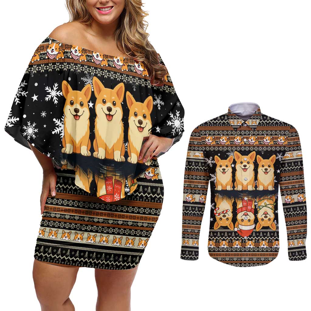 Pembroke Welsh Corgi Dog Christmas Couples Matching Off Shoulder Short Dress and Long Sleeve Button Shirt Xmas Holiday Patterns - Wonder Print Shop