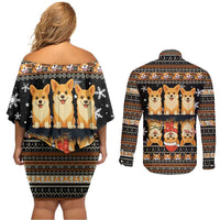 Pembroke Welsh Corgi Dog Christmas Couples Matching Off Shoulder Short Dress and Long Sleeve Button Shirt Xmas Holiday Patterns - Wonder Print Shop