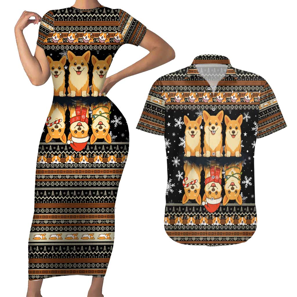 Pembroke Welsh Corgi Dog Christmas Couples Matching Short Sleeve Bodycon Dress and Hawaiian Shirt Xmas Holiday Patterns - Wonder Print Shop